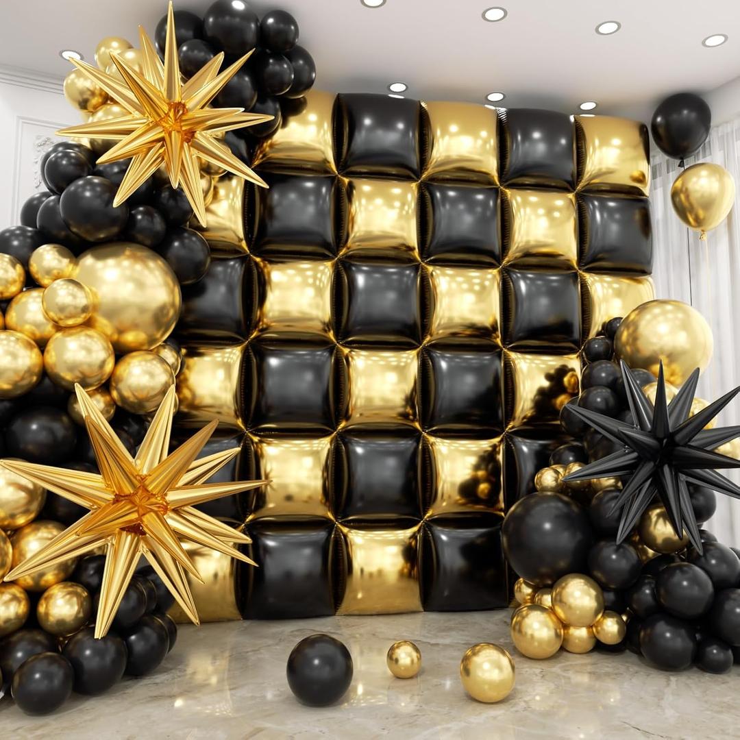 36pcs Gold and Black Square Foil Balloons Wall Backdrop with 147pcs Balloon Garland Arch Kit, Double Sided Balloons for Birthday Bridal Shower Anniversary New Year Graduation Party Decorations