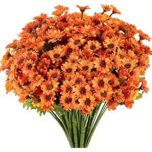 8 Bundles Artificial Orange Faux Flowers for Outdoor Planters Bulk Fake Mums Plastic Fall Daisy Floral for Home Decor Garden Outdoors Porch Pots Window Box Wedding Decorations (Orange)