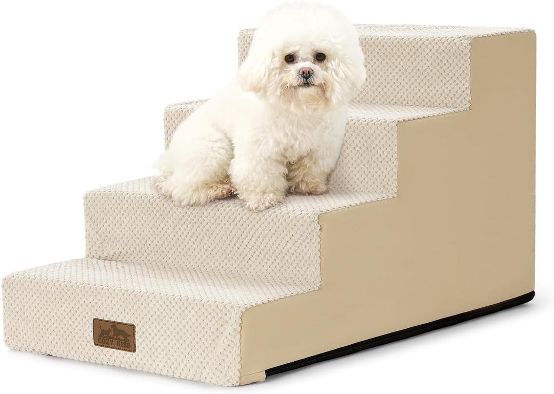 Dog Stairs for Small Dogs 15.7" H, 4-Step Gentle Incline Pet Step for Couch Sofa, Non-Slip Right-Angle Dog Ramp for Puppy Doggie Senior Cats, 15.7x23.6x15.7 Inch, Beige