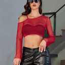 Avidlove Mesh Crop Tops for Women Long Sleeve Fishnet Shirt See Through Tops Rave Outfits Party Clubwear (Red, L)