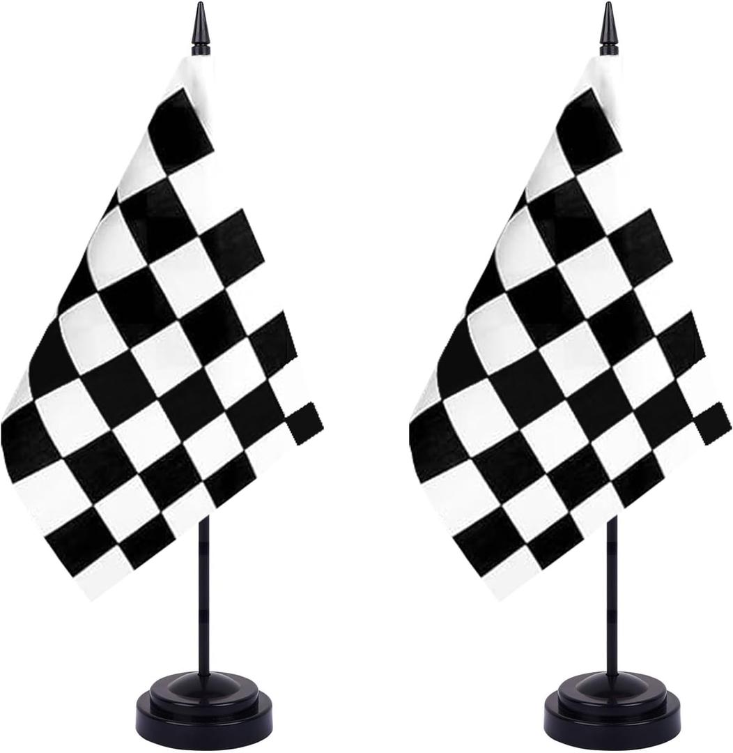 WXTWK Pack of 2 Checkered Black and White Racing Flag Race Car Deluxe Desk Flag Set - Mini Small Racing Table Office Flags with Black 12" Solid Pole Stand Base Decorations