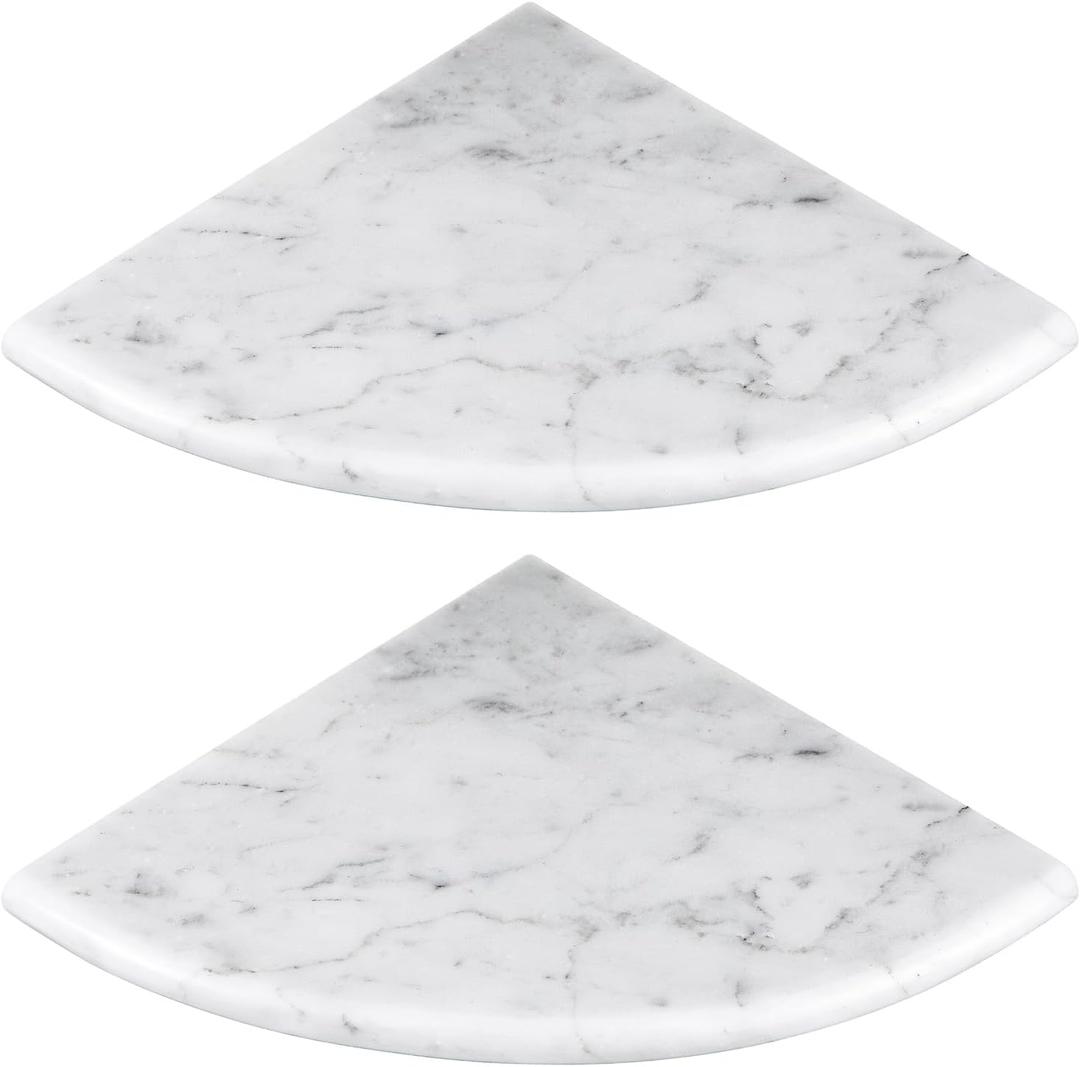 Chunful 2 Pcs White Marble Corner Shower Shelf for Bathroom 9 x 9 Inch Wall Mounted Both Sides Polished Marble Corner Shelves Shower Caddy for Bathroom Wall (Stylish)