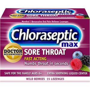Chloraseptic Max Strength Sore Throat Lozenges, Wild Berries, 15 Count, 1 Pack (15 Count (Pack of 3))