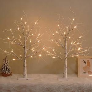 White Birch Tree with LED Lights, Lighted Birch Tree for Tabletop, USB/Battery Operated 24 LED Warm White Tree, 2FT Mini Christmas Tree Decor for Indoor Home Christmas Decorations (2 Pack, Timer)