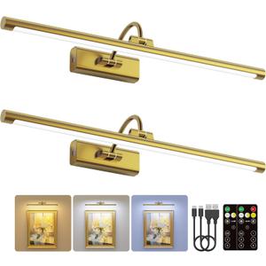 2 Pack 24" Brass Gallery Picture Lights - 8000mAh Rechargeable Battery Powered Wireless Lighting for Large Gallery, Museum & Living Room