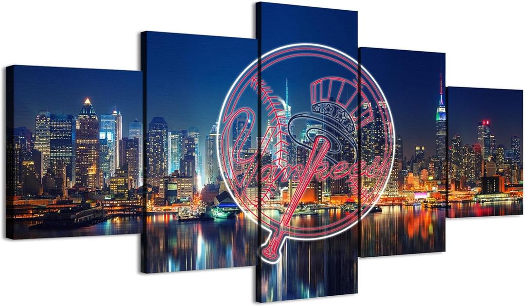 Colorful city night scene and Yankees neon signs in New York (60X100CM/5PCS-FRAMED) Baseball Poster Canvas Print Wall Art for Home and Office Decor