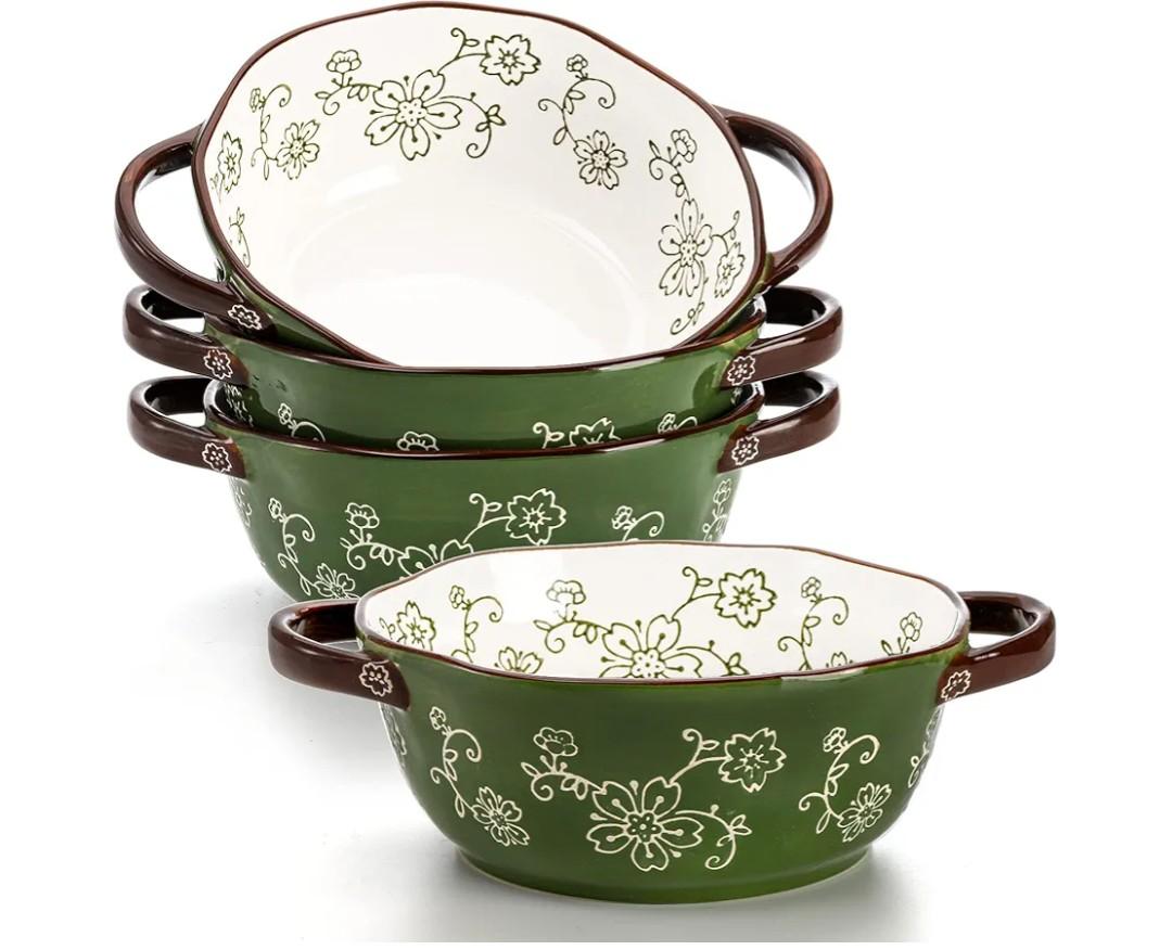 AVLA 4 Pack Ceramic Soup Bowls, 22 Ounces Porcelain Serving Bowl Set with Double Handle, Large Ceramic Crocks for French Onion Soup, Stew, Pasta, Cereal, Pot Pies (Green)