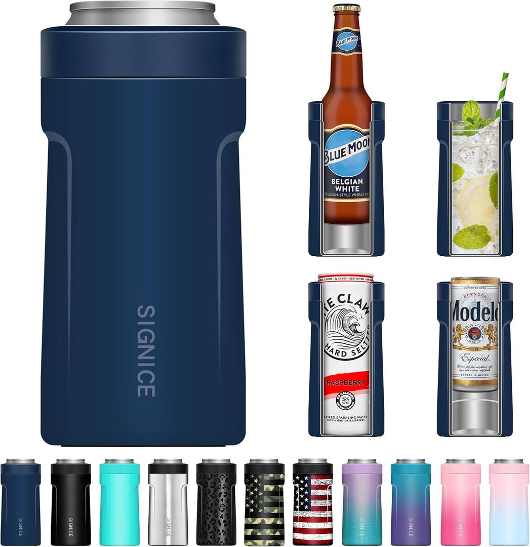 3 In 1 Insulated Universal Can Cooler - Signice Double Walled Vacuum Insulator Stainless Steel Slim Can Cooler for 12 Oz Skinny Tall Standard Regular Can Beer Bottle (Navy Blue)