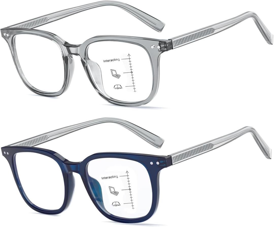 Missfive 2-Pack Multifocus Progressive Reading Glasses Men, Blue Light Blocking Multifocal Readers(Top Is Not 0)