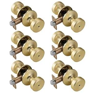 STARPY 6 Pack Satin Brass Interior Door Knobs, Pismo Gold Door Knob with Lock, Privacy Door Handles Interior for Bath & Bed