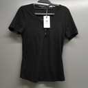 MEROKEETY Women's Summer Short Sleeve V Neck T Shirts Casual Ribbed Button Henley Knit Tops Blouse, Small Size, Black Color