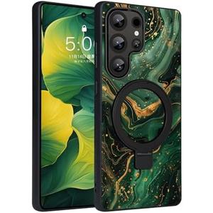 YOVIAKK Galaxy S25 Ultra Case with Stand Support Magsafe,Heavy Duty Military-Grade Drop Shockproof Soft TPU+Hard PC Phone Case for Samsung Galaxy S25 Ultra,Glow in The Dark,Green Gold Marble