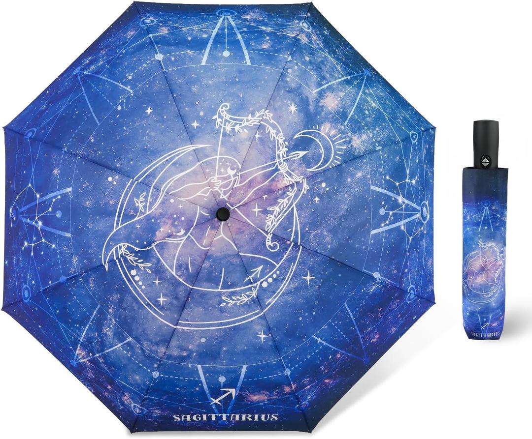 Automatic Compact Umbrella Constellations - Folding Windproof Rain Umbrellas Travel Lightweight Sturdy Unique Portable Umbrella for Women Girls (10.Sagittarius)