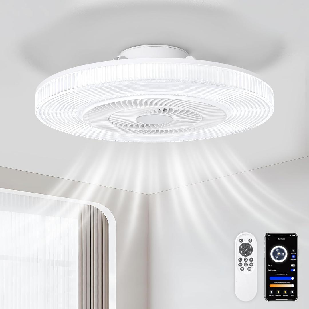 White 20" Modern Low Profile Ceiling Fan with Light and Remote, Stepless Color Temperature and Brightness Adjustable, 6 Wind Speeds, Suitable for Bedroom, Kids Room, Living Room and Study Room