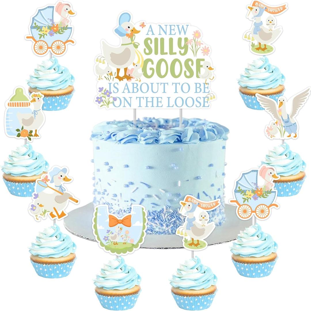 Silly Goose Cupcake Toppers Goose Cake Toppers 25pcs Blue A New Silly Goose Is About To Be On The Loose Cake Topper Set Floral Farm Animal Baby Shower Cake Decor for Geese Flower Gender Reveal Party
