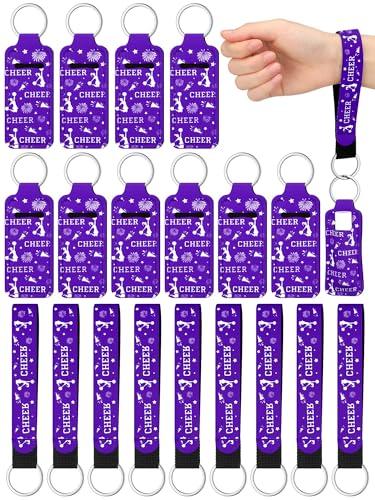 MotiMind 24 Pcs Cheer Gifts Bulk Cheerleader Team Gift Lip Balm and Holder Keychain Lanyard Set Cheer Party Favor Theme Portable Lipstick Holder and Lanyard for Valentines Team Sports Supplies(Purple)