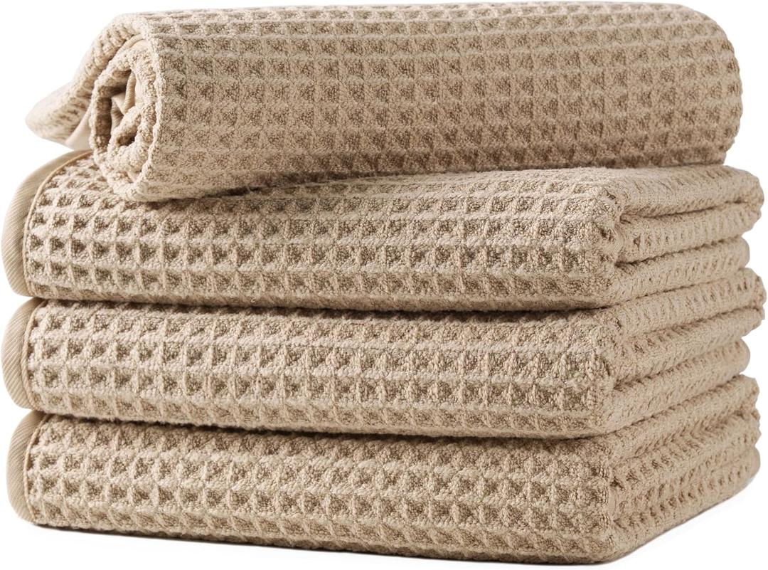 Microfiber Waffle Hand Towels, 4 Pieces, Soft, Absorbent, Fast Drying, Lint Free 430 GSM (Beige)