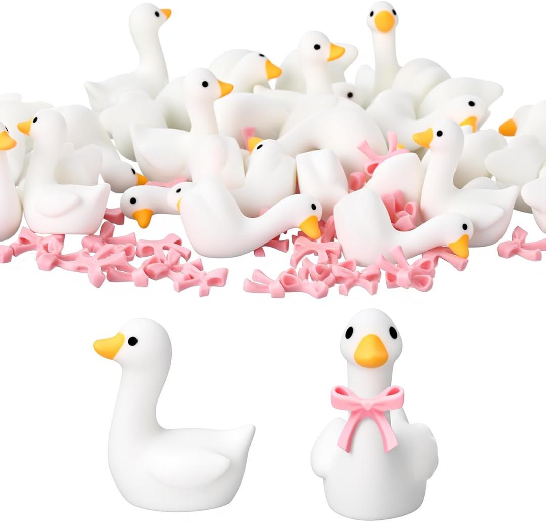 50 Set Mini Gooses Resin Tiny Gooses Figurine with Bows and Glue for Small Desk Goose Gift Decor for Cake Topper, DIY Crafts, Micro Landscape Ornaments, Miniature Geese Animal Statues to Hide(Pink)