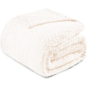 Exclusivo Mezcla Ivory Fleece Twin Size Blanket for Bed, 90x66 Inches Soft Cozy Jacquard Flannel Blankets, Lightweight Fuzzy Plush Warm for All Seasons