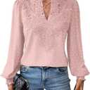 Falechay Womens Tops Swiss Dot Boho Long Sleeve Shirts V Neck Casual Chiffon Blouses Flowy Lace Hem Cute Clothing Trendy 2026 Large