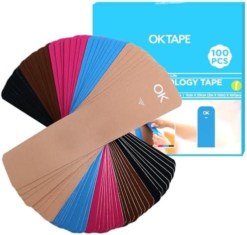 OK TAPE 100Pcs Precut Kinesiology Tape Strips, Elastic Athletic Tape for Joints Support & Muscle Pain Relief, Waterproof, Kinetic Tape for Shoulder, Knee, Ankle (5 Colors, 2 inch x 10 inch)