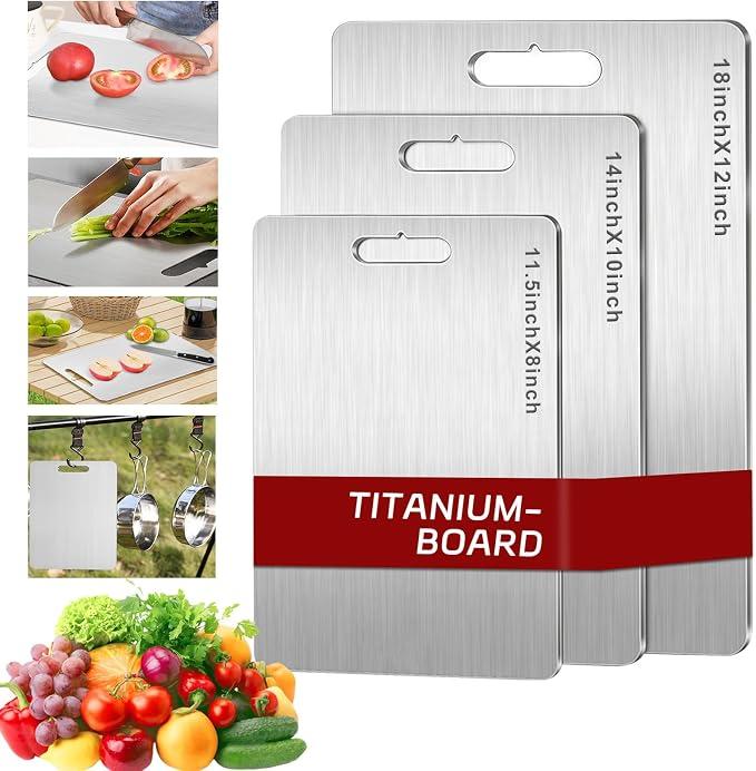 Titanium Cutting Board Set of 3, 3 PCS Upgraded Pure Titanium Cutting Boards for Kitchen, Double Sided Food Grade Non Stick Chopping Cutting Boards for Meats, Fruits And Vegetables (Set of 3)
