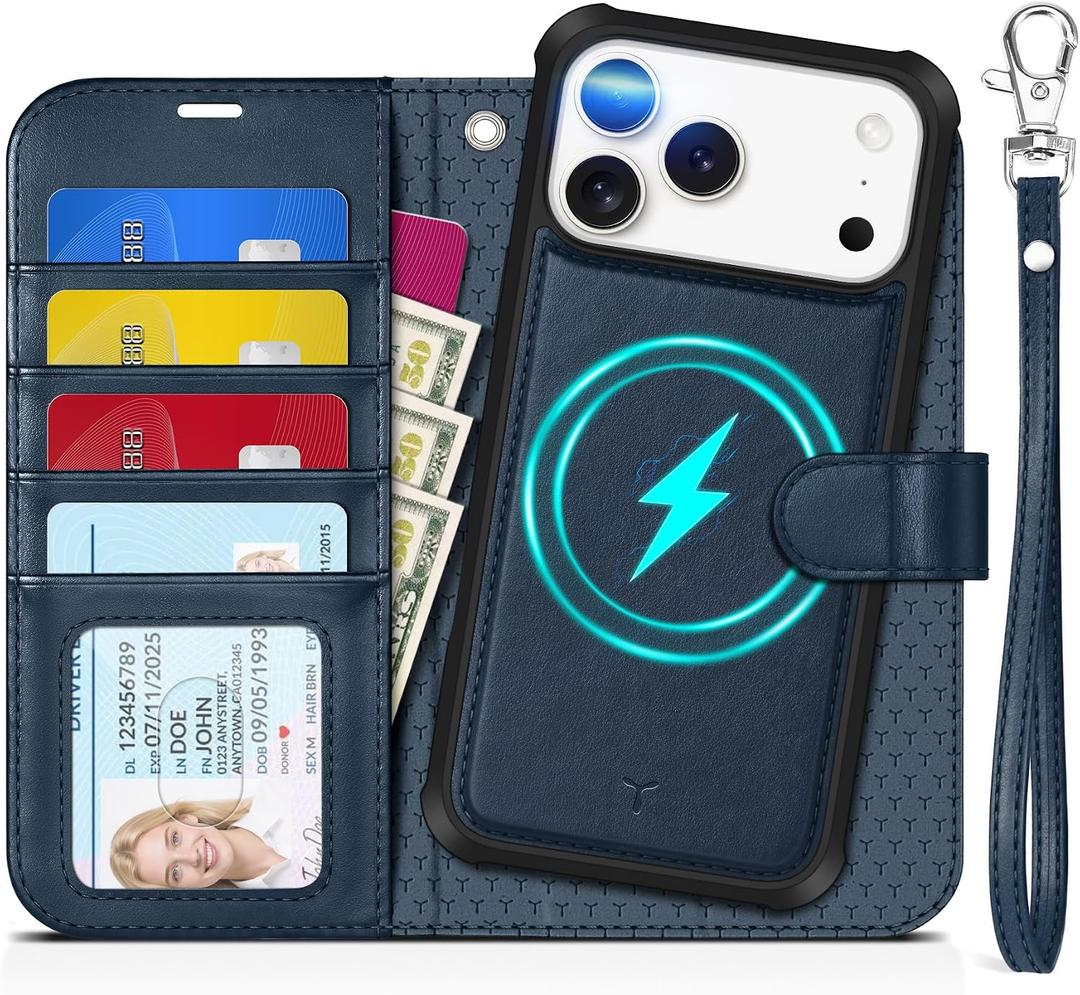 TUCCH 2-in-1 Detachable Wallet Case for iPhone 17 Pro Max 6.9" 2025, RFID Blocking | 4 Card Holders | Wireless Charging | Wrist Strap | Kickstand | Magnetic | PU Leather Protective Cover | Dark Blue