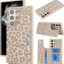 iCoverCase Compatible with Samsung Galaxy S22 Ultra Case with Card Holder, S22 Ultra Wallet Case for Women Men [RFID Blocking] PU Leather Protective Phone Case for S22 Ultra 5G (Beige Leopard)