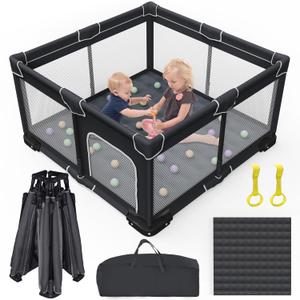 Foldable Baby Playpen with Mat, Foldable Playpen for Babies and Toddlers, Folding Portable Kids Play Pen, Collapsible Play Yard with 2 Handles + Suitable Size Mat(Black, 50x50 inches)