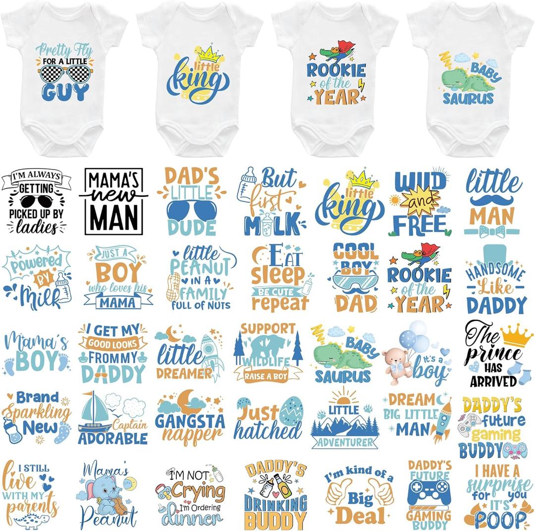 36 Sheets Baby Shower Games Iron on Transfers for T-Shirts, Cute Baby Boy DTF Transfers Ready to Press Heat Transfers Vinyl, Iron on Patches Decals for Baby Clothes Bibs Bodysuit DIY Crafts