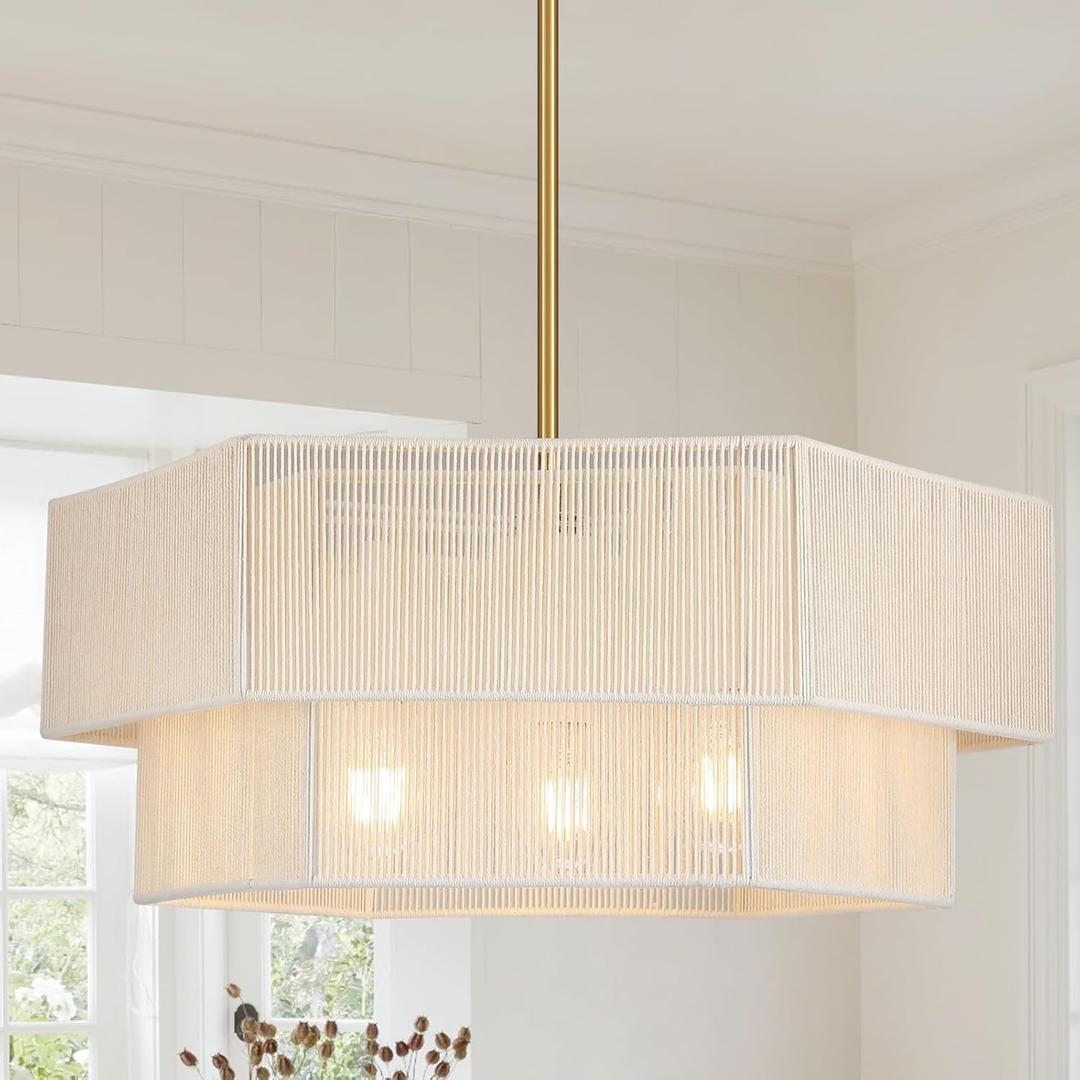 19.7" Hand Woven Rattan Drum Chandelier,Adjustable Boho Pendant Light,Modern Gold Coastal Pendant Light for Kitchen Island, Dining Room,Living Room,Bedroom, Foyer,White,UL Listed,E26 Socket