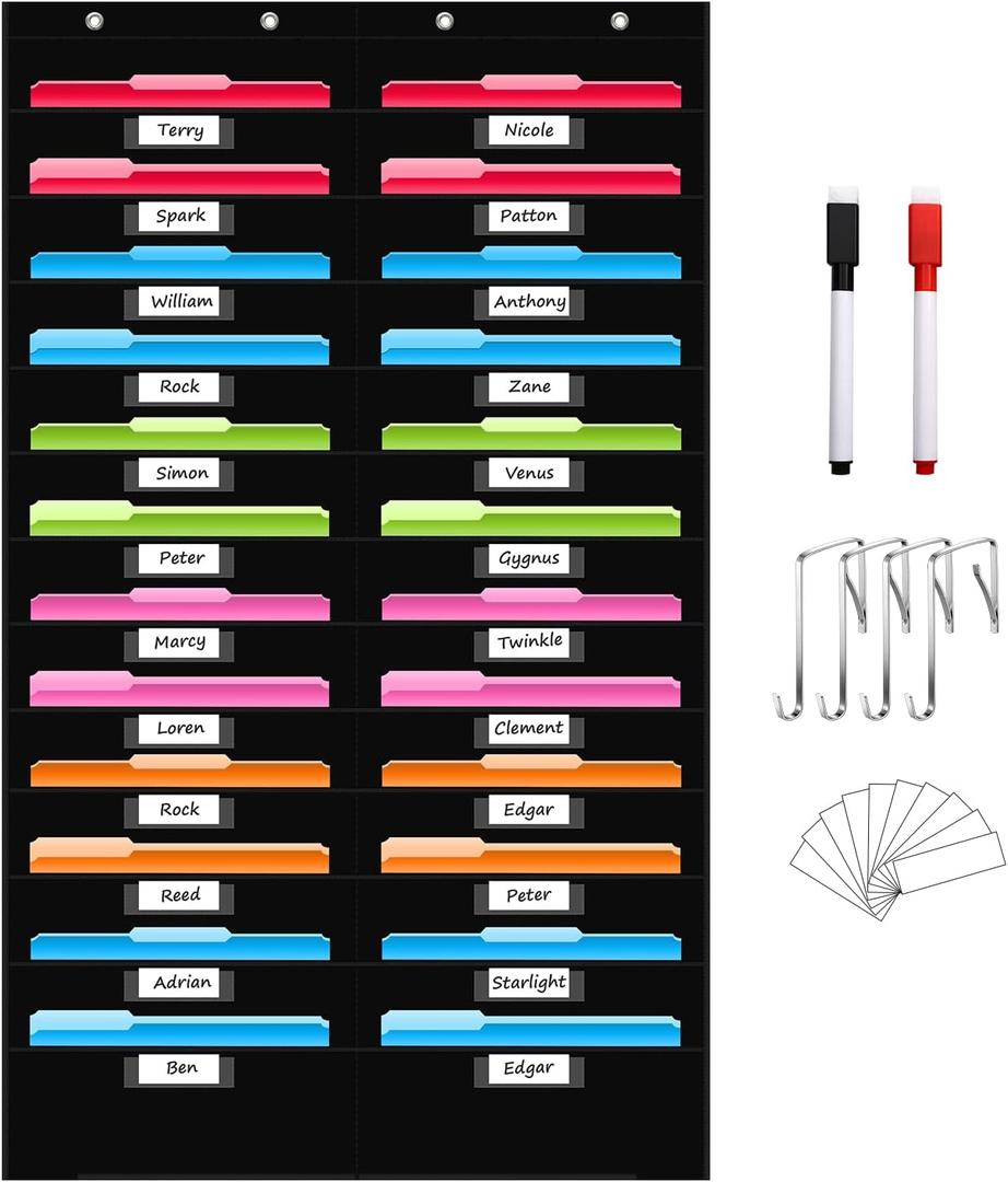 REGELETO 24 Pockets File Storage Pocket Chart with 24 Nametag Pockets, Hanging Wall File Organizer for Classroom and Office, Organize Your Assignments, Files, Scrapbooks, Paper (Black-24 pockets)