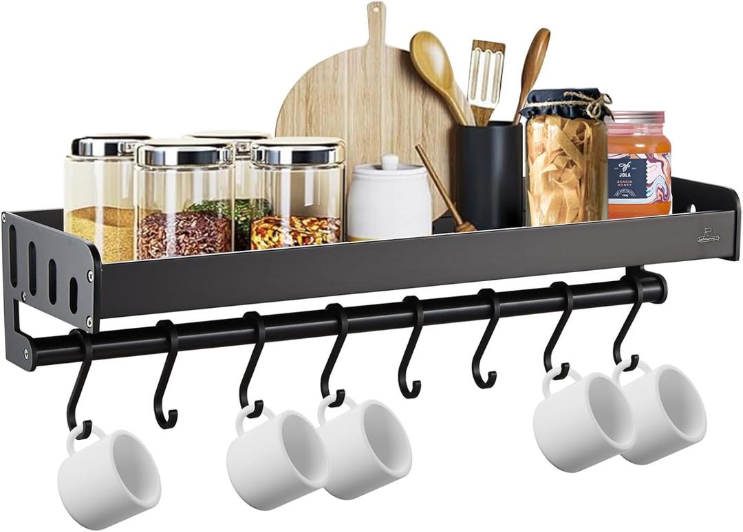 SUBMARINE Floating Shelves, Kitchen Wall Shelves, Black Aluminum Large Capacity Storage Shelves with 8 Hooks, Suitable for Storage in Kitchen, Bathroom and Balcony (20 in)