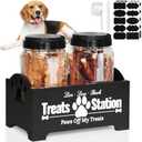 Dog Treat Container Dog Food Container for Dog Food Storage, Farmhouse Cat Food Container Pet Food Storage Organizer, Wood Dog Treat Holder with 2 Plastic Cat Dog Treat Jars, Black Cat Treat Container