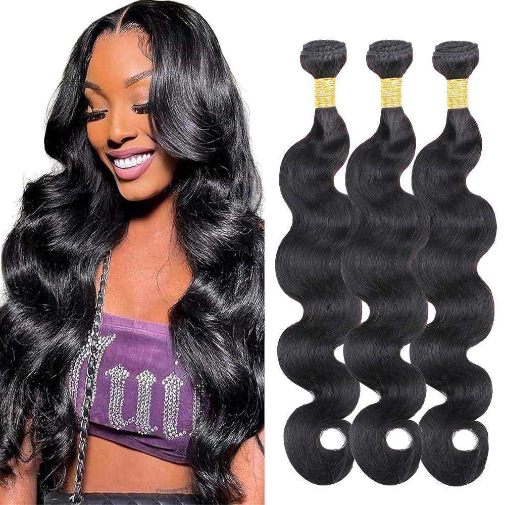 Body Wave Human Hair Bundles 30 32 34 Inch Natural Black Bundles Body Wave Human Hair Extensions Color 1B Unprocessed Brazilian Virgin 50G Per Bundle 150g
