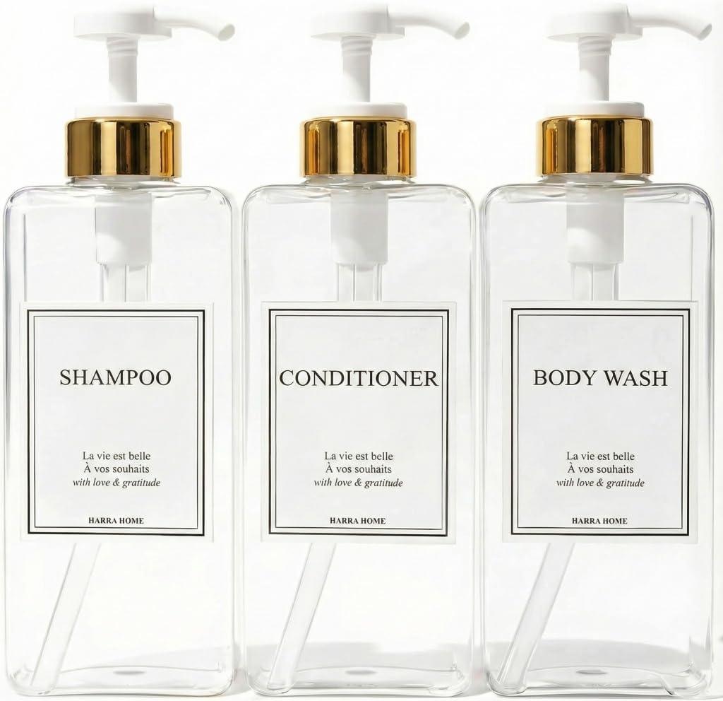 Modern Gold Design Shampoo and Conditioner Dispenser, Large 27oz Shower Soap Dispenser, Set of 3 Refillable Empty Plastic Pump Bottles for Bathroom, 6 Waterproof Labels Included, (Clear & White)