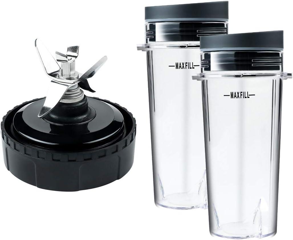 Replacement Parts for Nutri Ninja, Blender 6 Fins Blade Assembly and 2 Pack 16 oz Cup Set for BL770 BL780 BL660 Blender (3.35 inch) (blades and 2 cups)