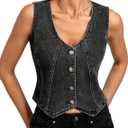 Kate Kasin Women's Denim Vest, Sleeveless Stretch Button Down Jean Vest for Women, Casual Fitted Summer Western Outfit (XX-Large, Dark Grey)