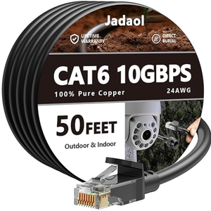 Cat6 Outdoor Ethernet Cable 50ft, 24AWG 10Gbps Support Cat8/7 Network, Pure Copper, Direct Burial Waterproof Underground Anti-UV (50Ft)