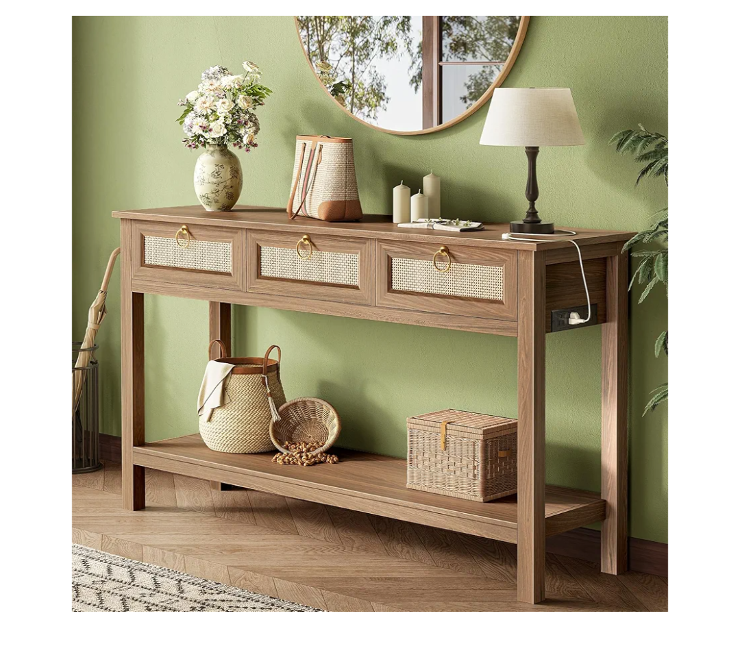 SUPERJARE Rattan Console Sofa Table with Outlets and USB-C Port, 3 Drawer Entryway Table with Synthetic Rattan Surface, Open Shelf, Behind Couch Entry Foyer Hallway Storage, Brown