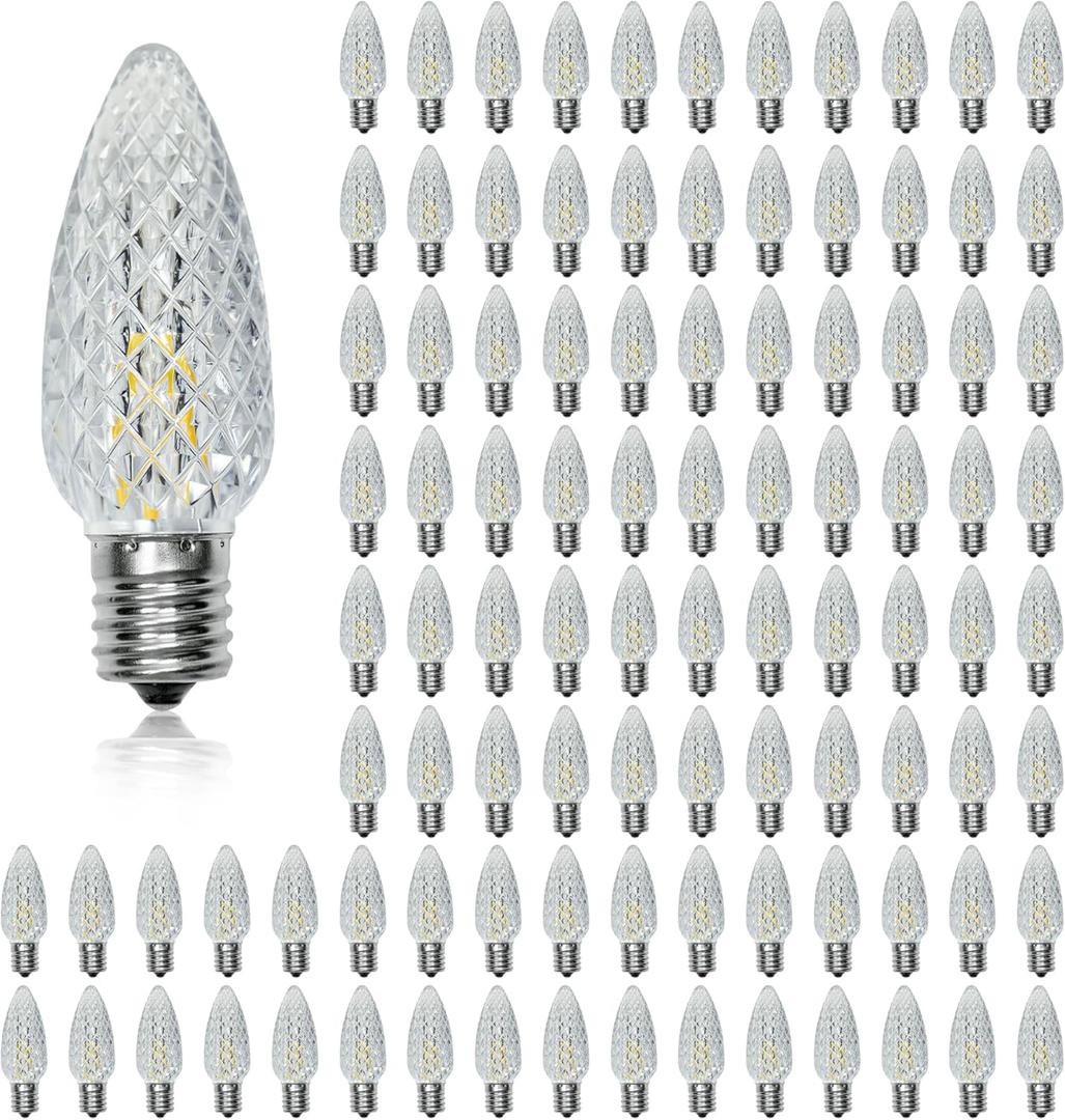 100 Pack C9 Christmas Lights LED Replacement Bulbs, Shatterproof & Waterproof Plastic C9 Led Bulbs for Outdoor String Lights, E17 Base, 0.6W Equivalent to 7W, 2700K, 50 Lumens Holiday Decoration