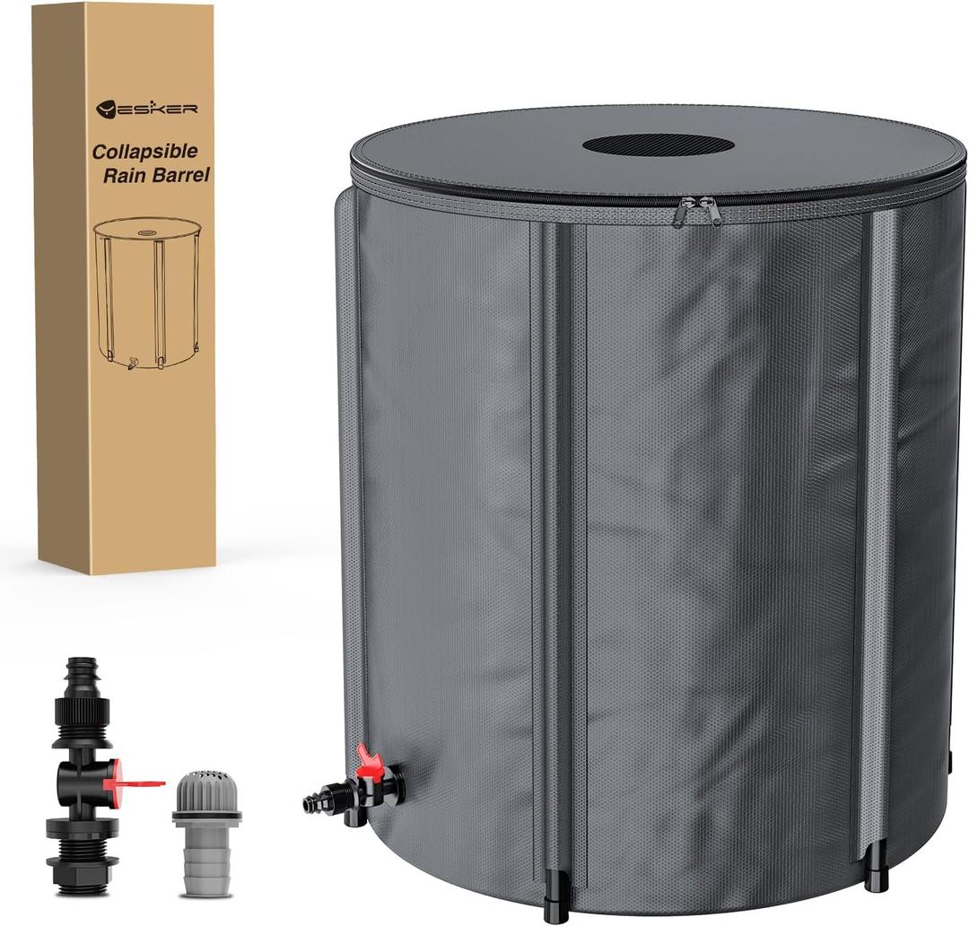 Yesker Collapsible Rain Barrel, 53 Gallon Portable Rainwater Collection System, 550D PVC Water Storage Tank, Rain Catcher with Spigots Filter Overflow Kit, Grey | 550D PVC, Rain Water Collection Barrel with Overflow Valve, Grey