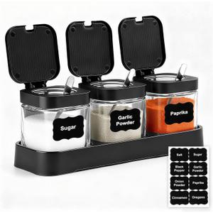Condiment Pot Spice Jar with Stainless Steel Lids and Spoons, 8.6oz Clear Glass Seasoning Box with Tray Set of 3, Salt Pepper Storage Container Sugar Bowl for Kitchen