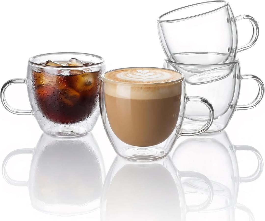 ZONEYILA Double Wall Glass Coffee Mugs Set of 4-6 OZ Insulated Coffee Cups - Clear Glass Drinkware with Handle for Double Espresso, Cappuccino, Latte, Hot/Cold Beverages