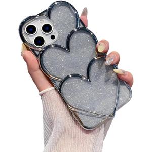 Caseative for iPhone 16 Pro Max Case,Plating Love Heart Glitter Bling Phone Case (Silver,16 Pro Max)