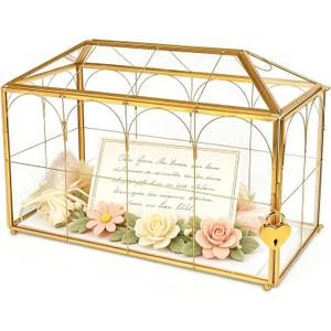 Wedding Glass Card Box with Slot 12.6 x 5.9 x 9 Inch, Vintage Gold House Shaped Decorative Box, Clear Glass Keepsake Box for Wedding Cards, Letters, Anniversary and Home Decor