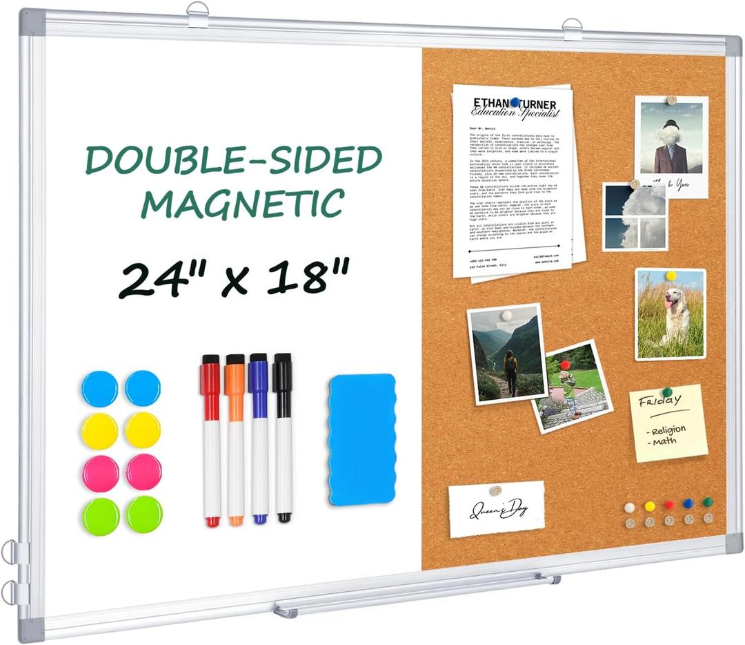 Double-Sided Magnetic WhiteBoard CorkBoard Combo, 24" x 18"