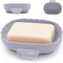 Silicone Self Draining Soap Dish Tray Holder Cute Sea Shell 25Slope for Bar Soap Saver Waterfall Drain Shower Bathroom Sink with Bristles Brush Keep Dry Purple Grey
