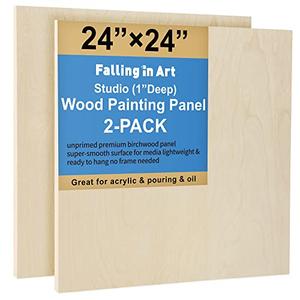 Falling in Art Unfinished Birch Wood Panels Kit for Painting, Wooden Canvas 2 Pack of 24”x24” Studio 1” Deep, Cradle Boards for Pouring, Art, Crafts, Burning and More