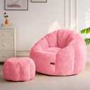 MAXYOYO Giant Bean Bag Chair with Ottoman, Pumpkin-Shaped Bean Bag Sofa with Footstool, Oversized Boneless Couch Chair in a Box, Comfy and Lazy Lounge for Dorm, Living Room, Bedroom, Pink, Floor Sofa with Ottoman
